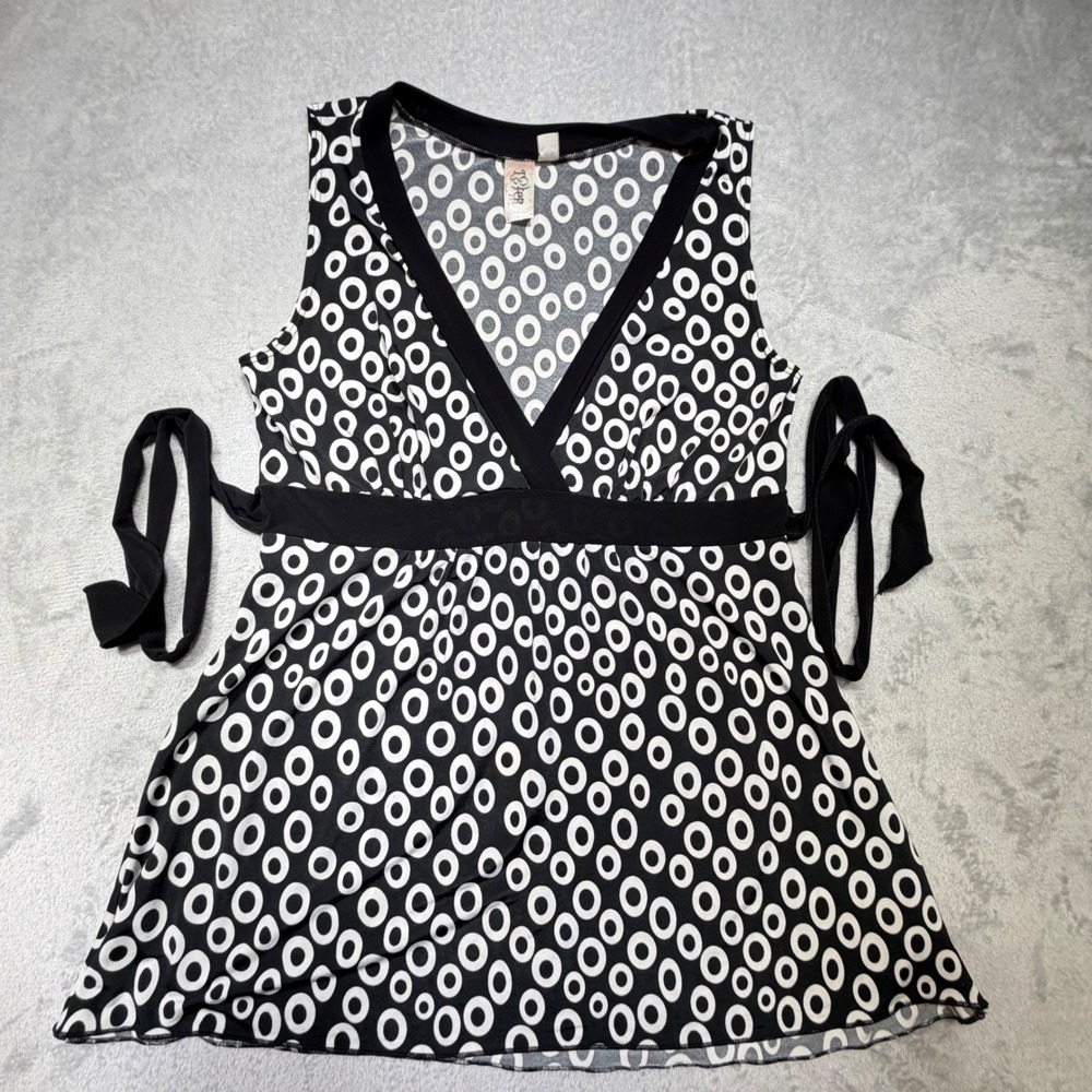 Vintage T-Jester Y2K Black White Circle Print Empire Waist Tunic Top Size L‎